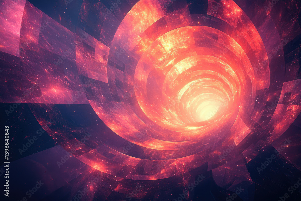 Poster abstract spiral tunnel with a glowing center, featuring layered geometric shapes and cosmic, space-l