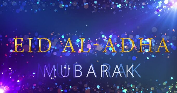 
Bakra Eid, Eid al Adha golden shiny particle wishing greeting card bg 4K. Islamic festival celebration Arabic culture. Luxury joy season elegant themed design.Glowing advertisement muslim holiday cli