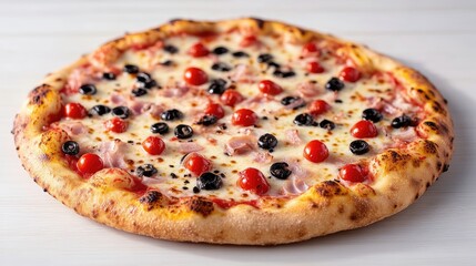 Delicious pizza topped with ham, olives, and cherry tomatoes.  A round, freshly baked pizza with a crispy crust. Melted mozzarella cheese and a rich tomato sauce base