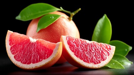 Red grapefruit is cut in half and sitting on a table. The grapefruit is surrounded by green leaves, which add a touch of freshness to the image. Concept of health and vitality