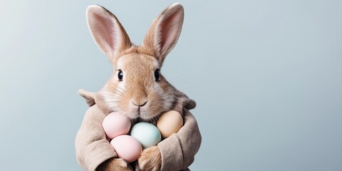 Obraz premium Bunny in jacket holding colourful eggs on pale blue background