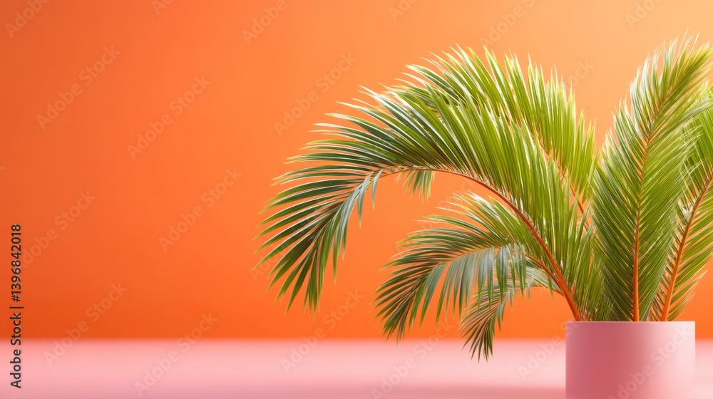 Poster palm tree is in a pink vase on a red background. the palm tree is the main focus of the image, and t