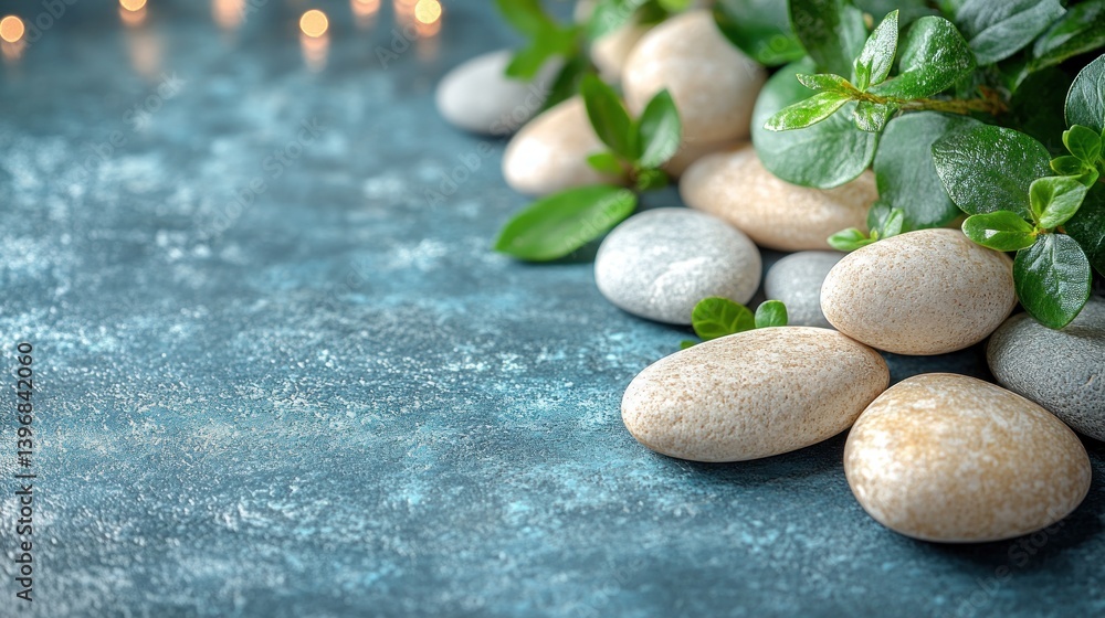 Poster smooth stones and green leaves on a blue textured surface with soft bokeh lights.
