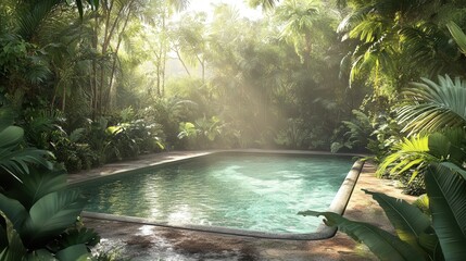 private swimming pool sparkling in the early morning sun, framed by lush tropical greenery in a serene jungle setting.