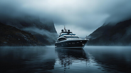 Naklejka premium Moody scene of luxury yacht cruising alone through misty fjord with dramatic mountains