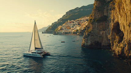 Scenic view of catamaran cruising past seaside village on rocky cliffs at golden hour