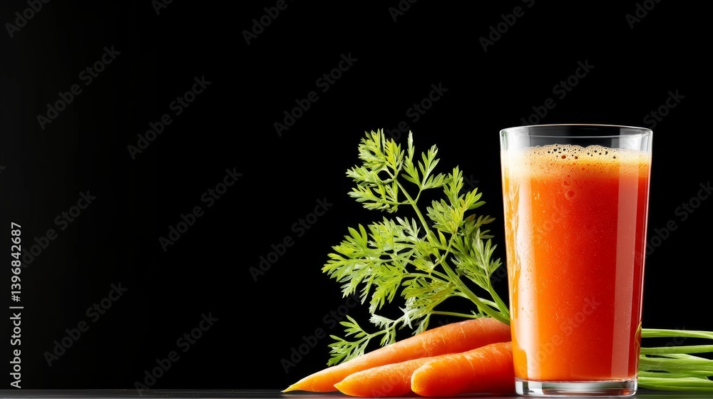 Poster glass of carrot juice is on a table next to a bunch of carrots. the image conveys a healthy and refr