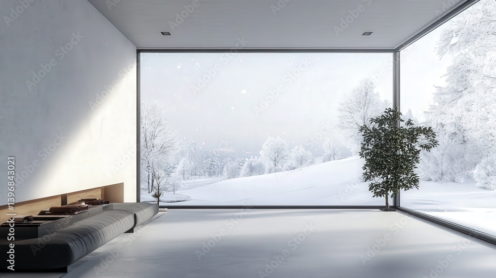 Poster minimalist room with a large window showcasing a snow-covered landscape, the peaceful snowfall creat