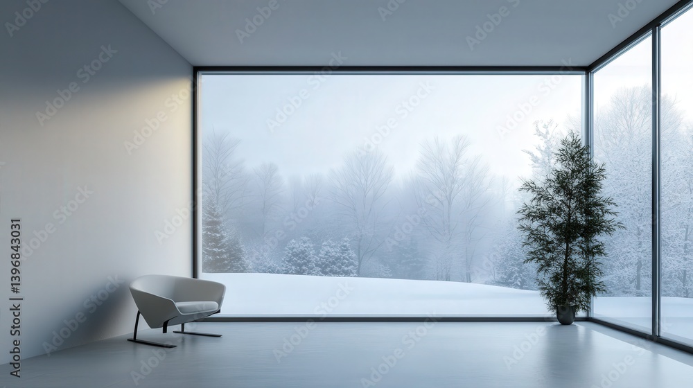 Poster minimalist room with a large window showcasing a snow-covered landscape, the peaceful snowfall creat
