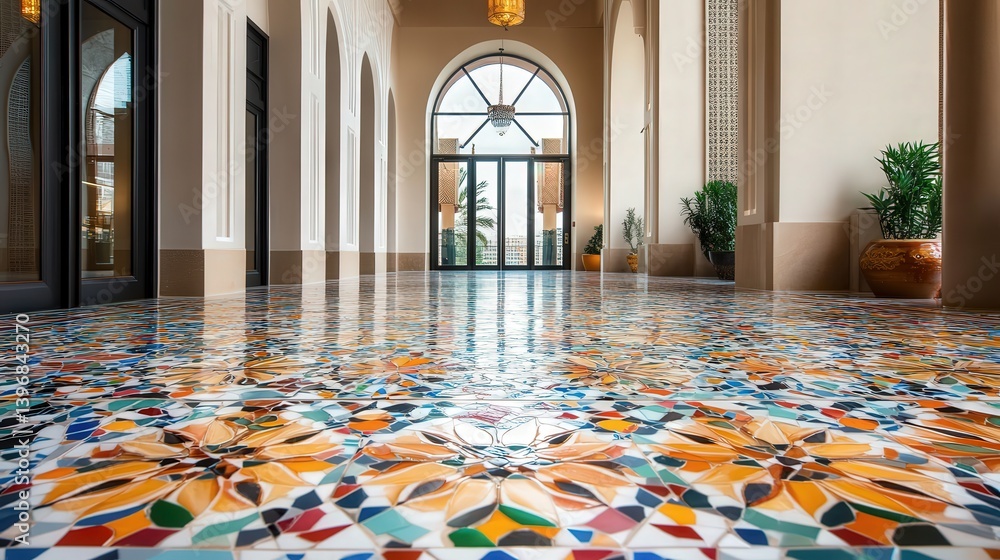 Poster colorful mosaic tiles arranged in an elegant design, with a burst of bright hues and geometric patterns that capture the eye and create a vibrant space.