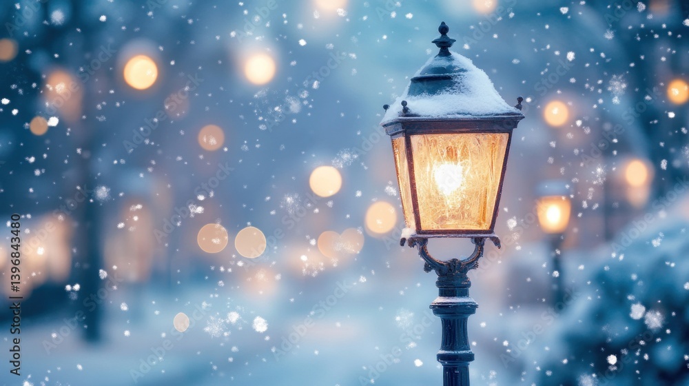 Poster snow-covered lamppost glowing warmly in a winter scene with soft bokeh lights and falling snow.