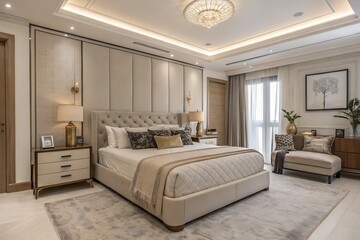 Modern bedroom with neutral tones, large bed, and elegant decor