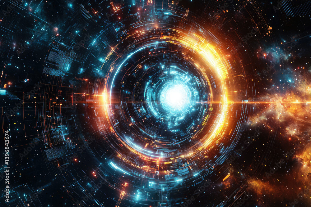 Poster a vibrant, swirling vortex of light and technology, converging into a central point of intense energ