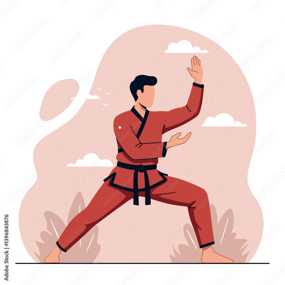 Poster a male martial artist in a red uniform practicing a graceful pose in a minimalistic setting with sof