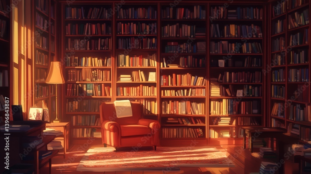 Poster retro bookshelf, filled with vintage books, sits in the shadows of a university library room, creati
