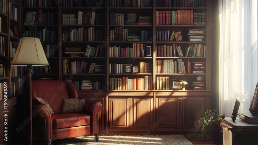 Poster retro bookshelf, filled with vintage books, sits in the shadows of a university library room, creati