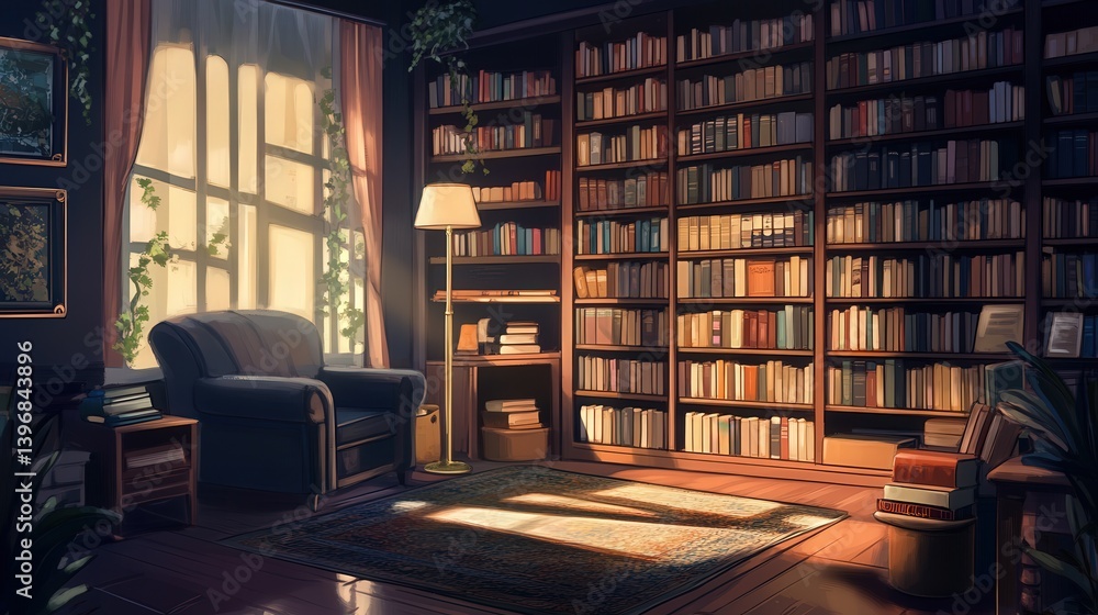 Poster retro bookshelf, filled with vintage books, sits in the shadows of a university library room, creati