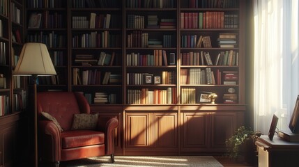 retro bookshelf, filled with vintage books, sits in the shadows of a university library room, creating a cozy and inviting atmosphere for reading