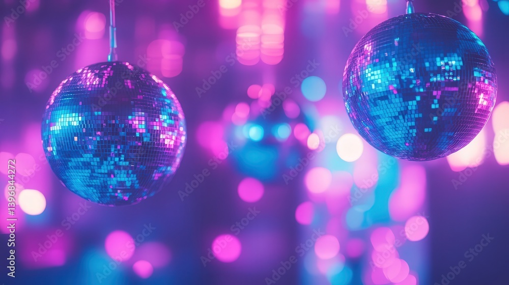 Poster colorful disco scene with neon blue and purple lights, creating a dynamic and immersive experience, 