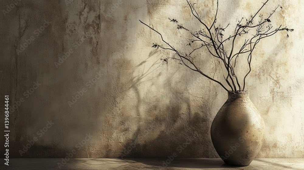 Poster room featuring smooth stucco walls becomes alive with a vase of branches, which serve as a unique fo