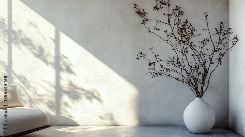 Poster room featuring smooth stucco walls becomes alive with a vase of branches, which serve as a unique fo