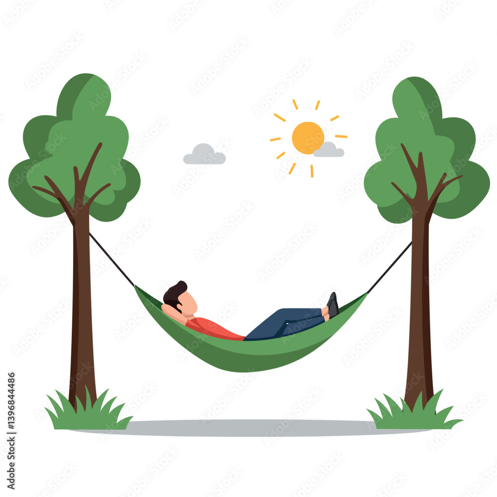 Poster relaxed man lying in a green hammock between two trees in a flat design vector illustration