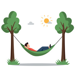 Relaxed man lying in a green hammock between two trees in a flat design vector illustration