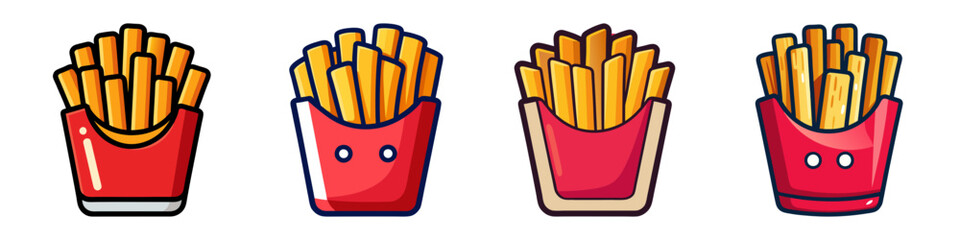 Four Delicious Cartoon Illustrations of French Fries in Red Containers