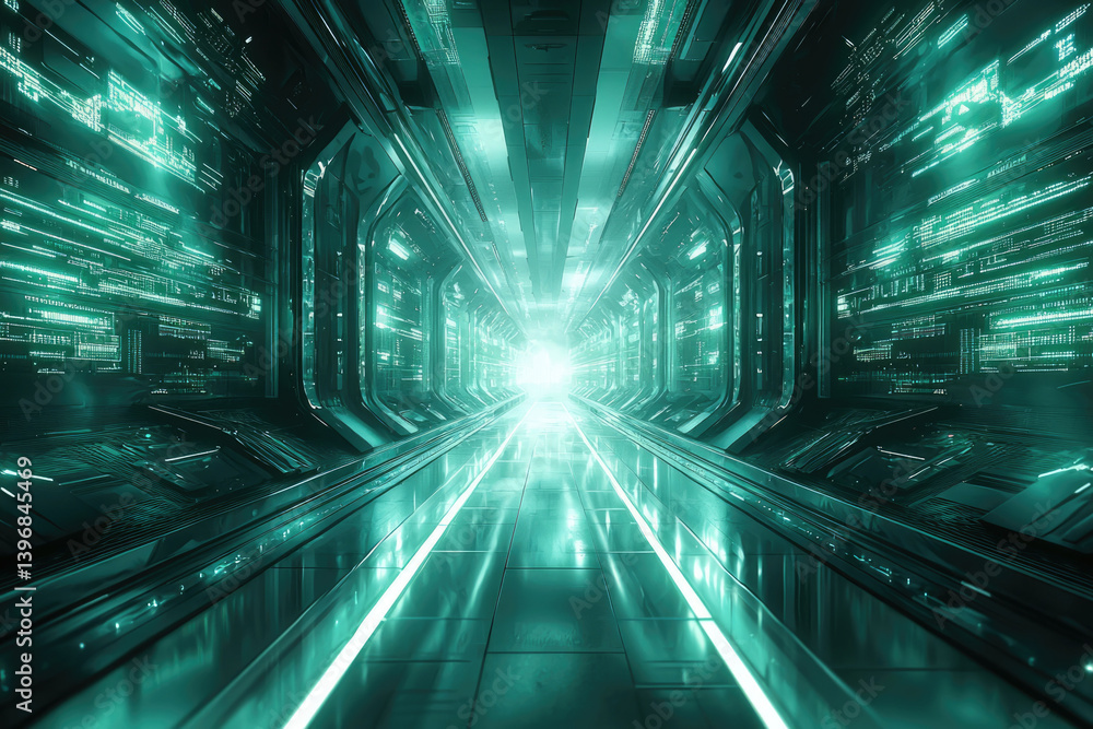 Poster a futuristic tunnel with glowing teal lights, conveying technological advancement, complex data stre