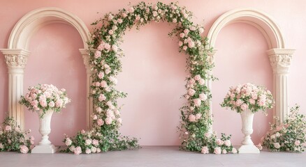 A delicate floral archway adorned with soft pink roses and greenery in a pastel pink room.