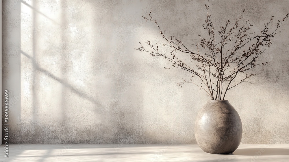 Poster room with textured stucco walls is complemented by a vase filled with branches, adding an earthy and
