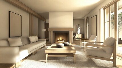 Fototapeta premium Scandinavian living room where a cozy fireplace, light wooden furniture, and neutral tones create a peaceful, welcoming environment.