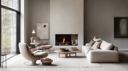 Scandinavian living room filled with natural light, a modern fireplace, and a neutral color palette that brings warmth and tranquility to the space.