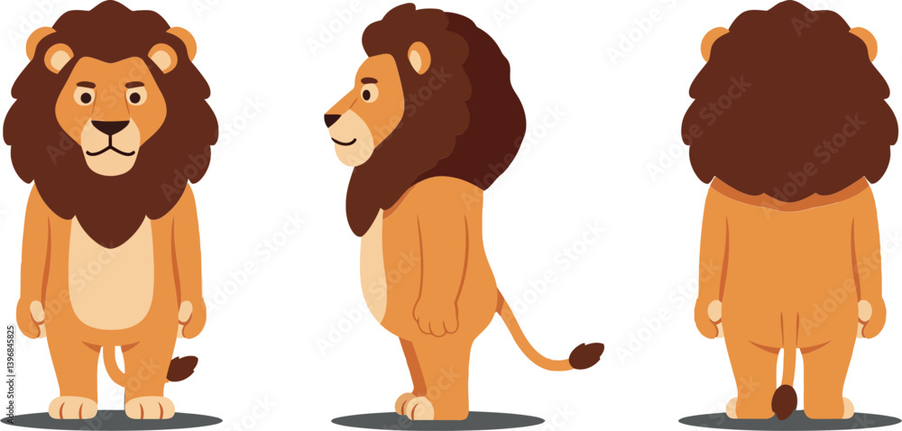 Poster playful cartoon lion character shown in flat design style from multiple angles in vibrant colors, sh