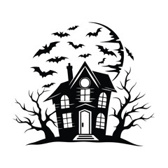 Spooky Black Mansion Silhouette with Bats, Trees and Moon, Monochrome Night