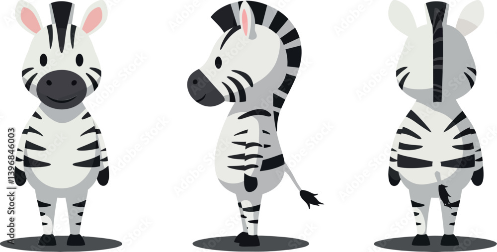 Poster playful cartoon zebra character in minimal flat design showcasing multiple angles with a cheerful ex