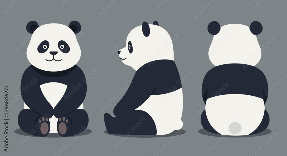 Poster adorable panda characters in playful poses showcasing flat design style in vector art