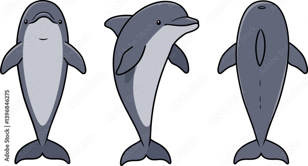Poster three playful dolphins in a flat design style showcasing different perspectives and features, emphas