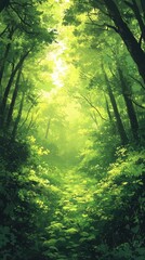 Fototapeta premium Enchanting forest with sunlight streaming through the canopy of green trees in a summer setting