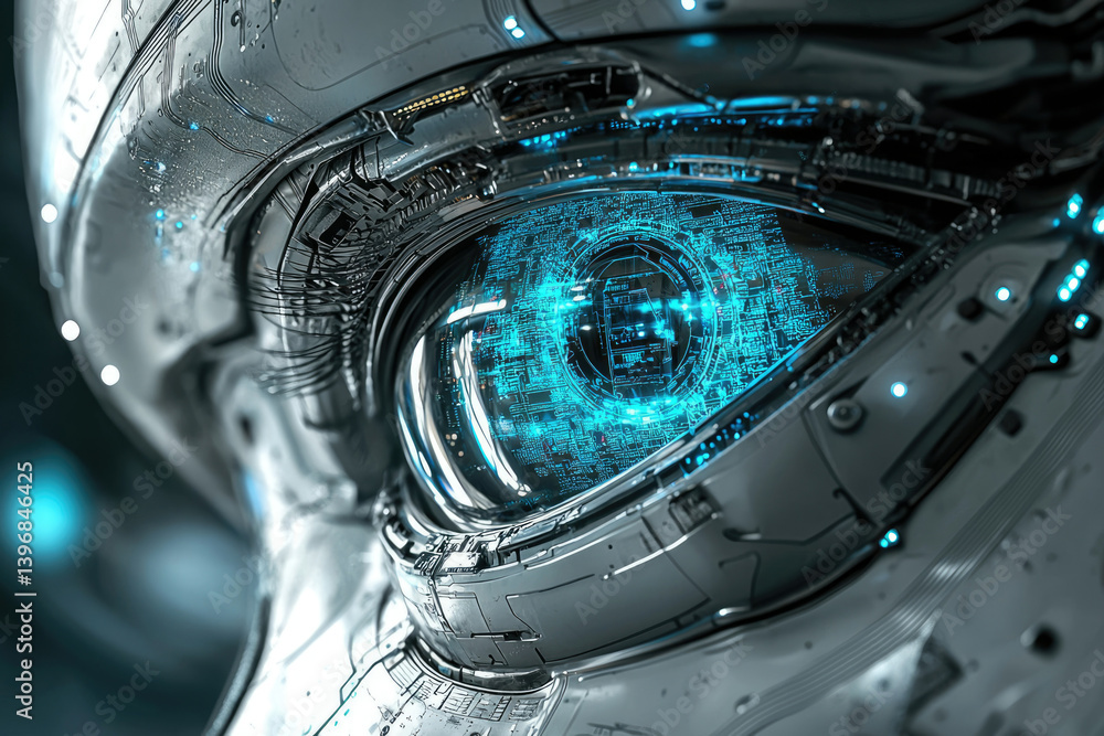 Aufkleber close-up of a futuristic cyborg eye with intricate details and glowing blue circuits reflecting adva