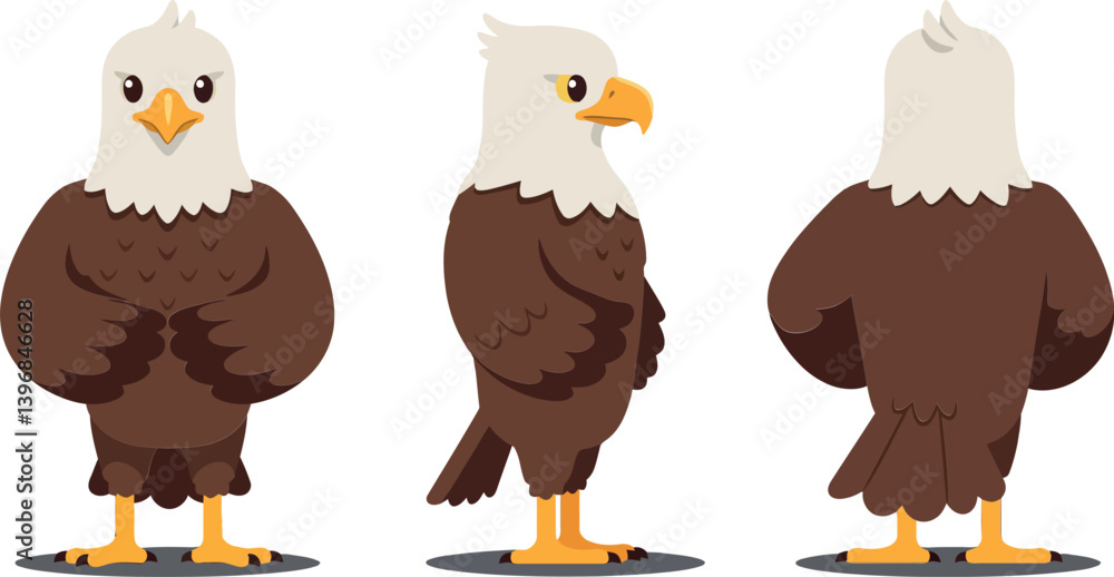 Poster a detailed cartoon eagle character in a flat design style showcasing multiple angles and expressions