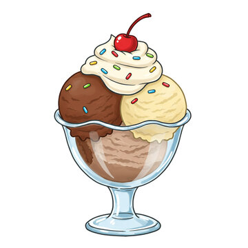 Delicious cartoon ice cream sundae with cherry and sprinkles illustration