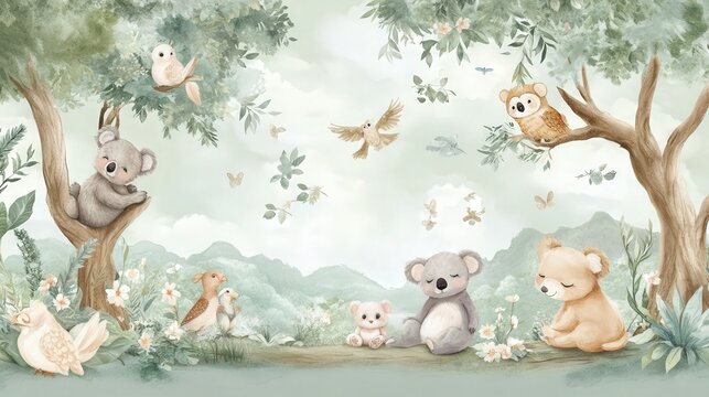 children's room mural with a soft color palette, featuring adorable animals like bears, koalas, and owls, creating a peaceful and welcoming atmosphere.