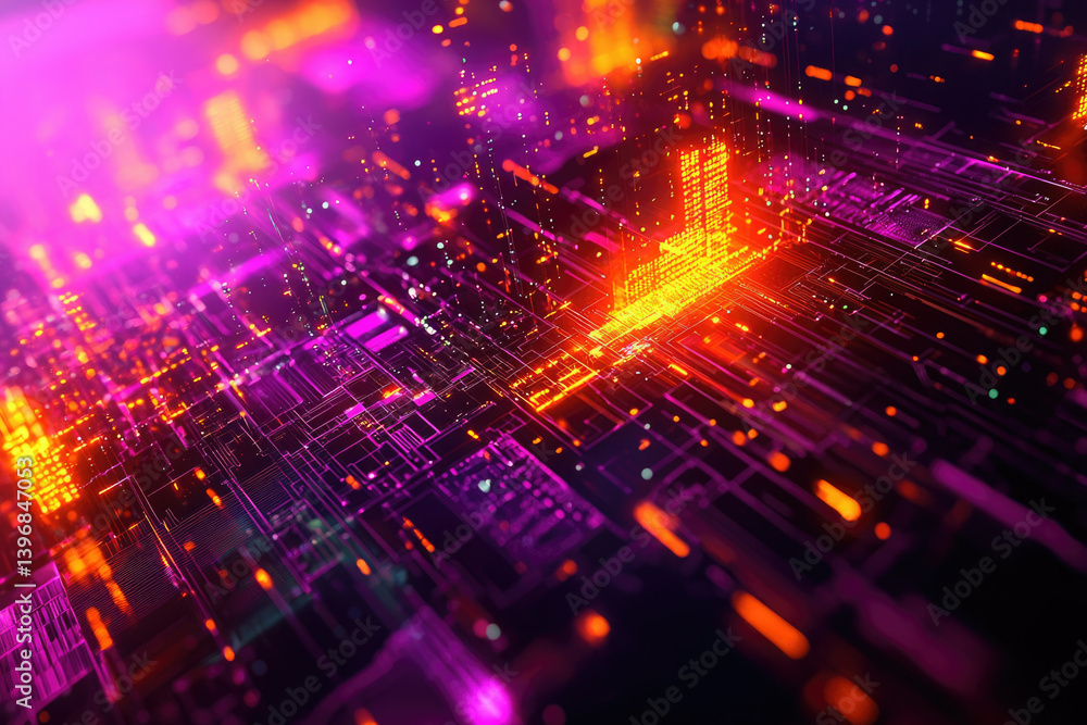 Aufkleber Abstract technological landscape with glowing circuits and data streams, depicting digital infrastructure and interconnected networks.