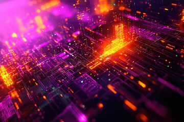 Fototapeta premium Abstract technological landscape with glowing circuits and data streams, depicting digital infrastructure and interconnected networks.