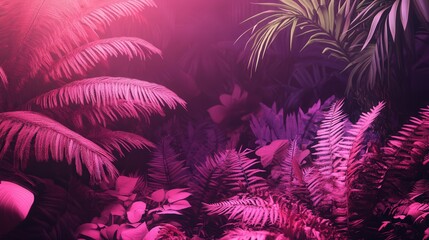 environment filled with purplish-red ferns and palms, creating a calming and lush atmosphere, with plenty of space for text overlay.