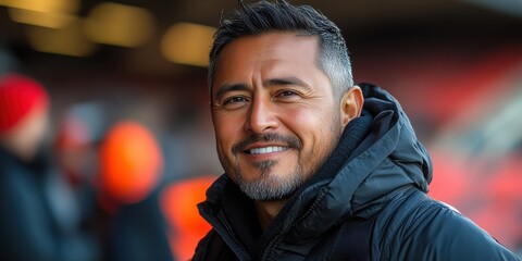 Obraz premium A man with a beard and a black jacket is smiling