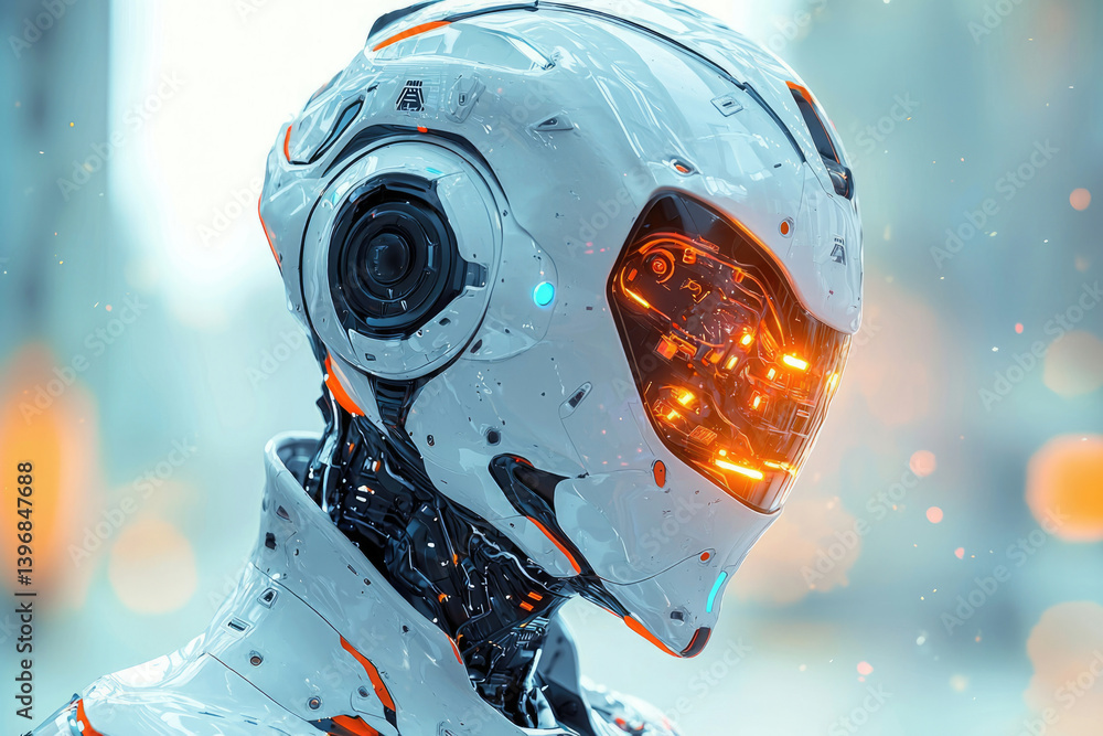 Poster futuristic white cyborg head with glowing orange visor and intricate mechanical details, embodying a