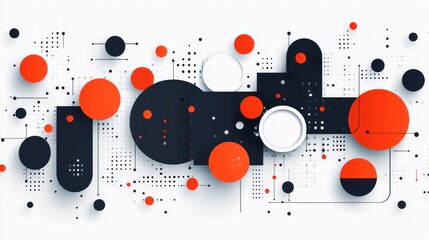 Obraz premium Abstract geometric shapes, circles, and lines in orange and black on white background.