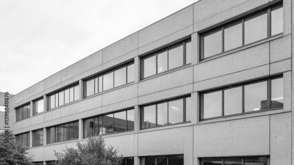 Poster long low concrete building with rectangular windows